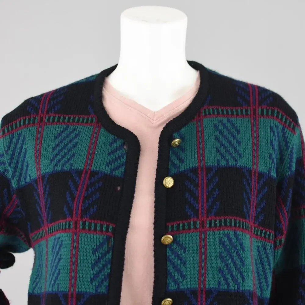 Tally-Ho Vintage 80s Plaid Cardigan, Black & Green, Women's Medium - Picture 2 of 10
